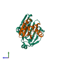 PDB entry 1o2f coloured by chain, ensemble of 3 models, side view.