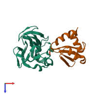 PDB entry 1o2f coloured by chain, ensemble of 3 models, top view.