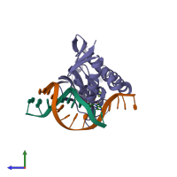 PDB entry 1o3q coloured by chain, side view.