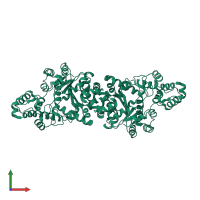 Homo dimeric assembly 1 of PDB entry 1o5t coloured by chemically distinct molecules, front view.