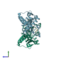 PDB entry 1o63 coloured by chain, side view.