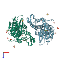 PDB entry 1o7e coloured by chain, top view.