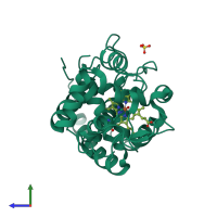 PDB entry 1oag coloured by chain, side view.