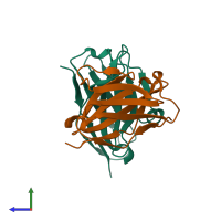 PDB entry 1oaq coloured by chain, side view.