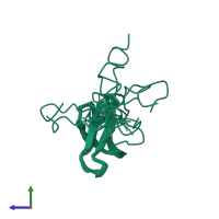 PDB entry 1oaw coloured by chain, ensemble of 14 models, side view.