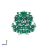 Homo dimeric assembly 1 of PDB entry 1obj coloured by chemically distinct molecules, side view.