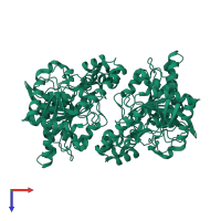 Homo dimeric assembly 1 of PDB entry 1obj coloured by chemically distinct molecules, top view.