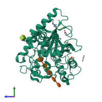 PDB entry 1oc7 coloured by chain, side view.