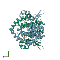 PDB entry 1oe7 coloured by chain, side view.