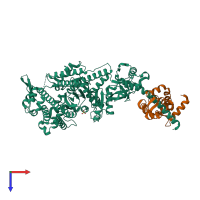 Hetero dimeric assembly 1 of PDB entry 1oe9 coloured by chemically distinct molecules, top view.