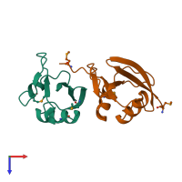 Hetero dimeric assembly 2 of PDB entry 1oey coloured by chemically distinct molecules, top view.