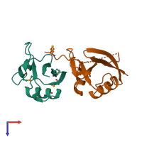 Hetero dimeric assembly 4 of PDB entry 1oey coloured by chemically distinct molecules, top view.