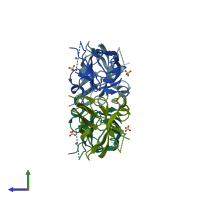 PDB entry 1oez coloured by chain, side view.