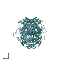 PDB entry 1ofb coloured by chain, side view.