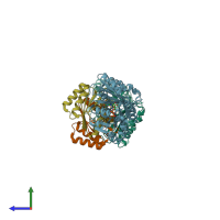 PDB entry 1ofu coloured by chain, side view.