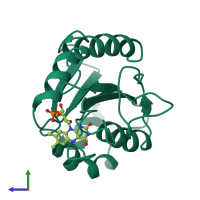 PDB entry 1ofv coloured by chain, side view.