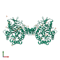 Homo dimeric assembly 1 of PDB entry 1ogb coloured by chemically distinct molecules, front view.