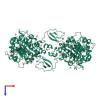 Homo dimeric assembly 1 of PDB entry 1ogb coloured by chemically distinct molecules, top view.