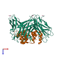 Hetero hexameric assembly 1 of PDB entry 1ohz coloured by chemically distinct molecules, top view.