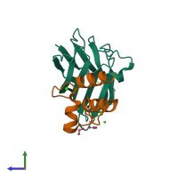 PDB entry 1ohz coloured by chain, side view.