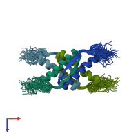 PDB entry 1olh coloured by chain, ensemble of 35 models, top view.