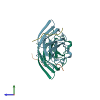 PDB entry 1om9 coloured by chain, side view.