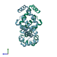 PDB entry 1on1 coloured by chain, side view.