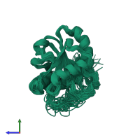PDB entry 1on4 coloured by chain, ensemble of 30 models, side view.