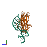 Hetero dimeric assembly 1 of PDB entry 1ooa coloured by chemically distinct molecules, side view.