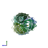 PDB entry 1opf coloured by chain, side view.