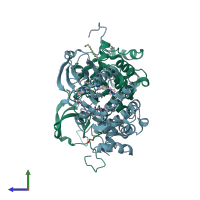 PDB entry 1opj coloured by chain, side view.