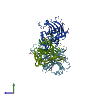 PDB entry 1oq1 coloured by chain, side view.