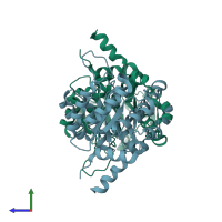 PDB entry 1oqf coloured by chain, side view.