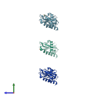 PDB entry 1oqv coloured by chain, side view.