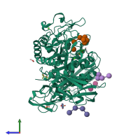 PDB entry 1ot1 coloured by chain, side view.