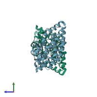 PDB entry 1otk coloured by chain, side view.