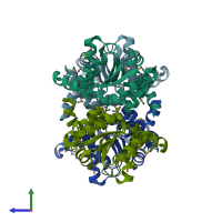 PDB entry 1ou0 coloured by chain, side view.