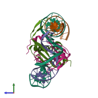 PDB entry 1ouz coloured by chain, side view.
