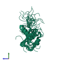 PDB entry 1owx coloured by chain, ensemble of 20 models, side view.