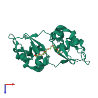 Homo dimeric assembly 10 of PDB entry 1oxn coloured by chemically distinct molecules, top view.