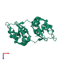 Homo dimeric assembly 8 of PDB entry 1oxn coloured by chemically distinct molecules, top view.