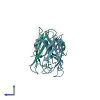 PDB entry 1ozu coloured by chain, side view.