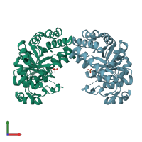 PDB entry 1p0k coloured by chain, front view.