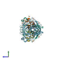 PDB entry 1p2q coloured by chain, side view.