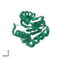 PDB entry 1p6u coloured by chain, ensemble of 16 models, side view.