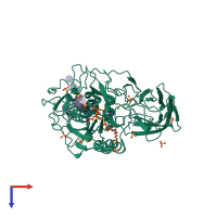 Hetero dimeric assembly 5 of PDB entry 1p8j coloured by chemically distinct molecules, top view.