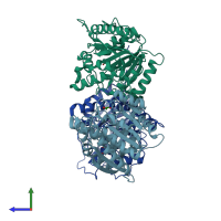 PDB entry 1p8q coloured by chain, side view.