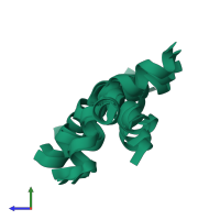 PDB entry 1p9f coloured by chain, ensemble of 20 models, side view.