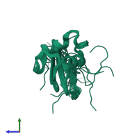 PDB entry 1p9k coloured by chain, ensemble of 20 models, side view.