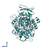 PDB entry 1p9o coloured by chain, side view.